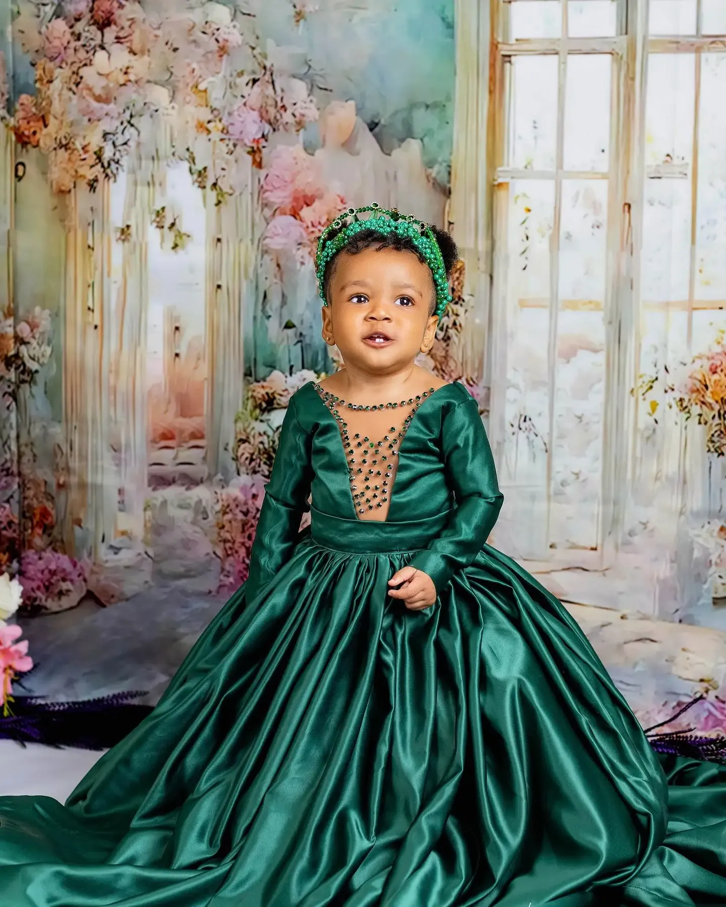 Dark Green Beaded Flower Girls Dresses Princess Kids First Communion Long Sleeve Ball Gowns Toddler Christening Dress