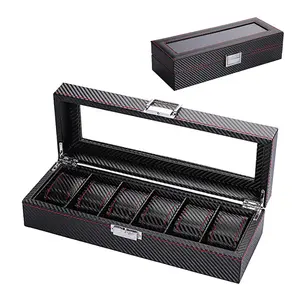 Carbon Fiber Man Watch Gift Box Organizer Case Collection Clear Glass 6/10/12 Slots Display Black Leather Watch Storage Box