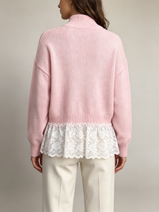 Trending Mock Neck <b>Oversized</b> Long Sleeve Pullover Lace Hem Stylish Women Top For Fall Winter Daily Outfit - Product Image 3