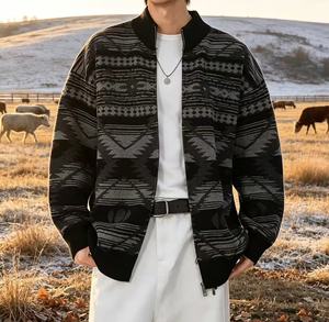 Cardigã Masculino de Tricô Jacquard com Zíper Estilo Boho Nômade para Outono/Inverno, Gola Alta, Caimento Solto, Casaco Suéter - Product Image 6