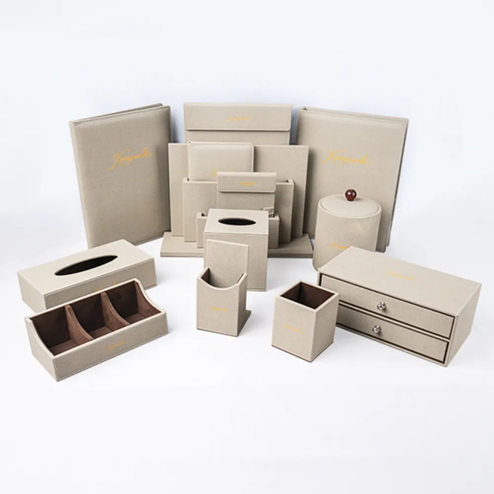 Customized logo luxury pu leather 5-star hotel guest room amenitiessupply guest room accessories set