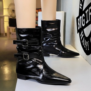 Fashion Casual <b>Boots</b> Women Punk Black Metal Buckle Western Cowboy Pointed Toe Botas Mujer 2025 - Product Image 3