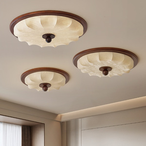 Lámpara de techo con pantalla de tela, acabado en madera de nogal, LED de montaje en superficie para dormitorio o sala de estar - Product Image 1