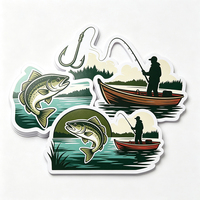 Autocollants de pêche en plein air en vinyle PVC blanc, motifs de silhouettes de pêcheurs, hameçons, cannes à pêche, lacs, bateaux, graphiques brillants, imperméables et résistants aux intempéries