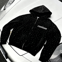 Yingling Sweat à capuche unisexe vintage délavé, coupe ample, épais, brodé de strass, style streetwear, zippé, court