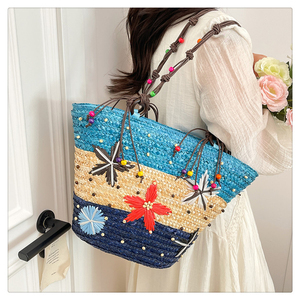 Sac à main tressé <span class=keywords><strong>en</strong></span> paille <span class=keywords><strong>de</strong></span> blé JIANUO, style bohème, fait main, avec perles et étoile <span class=keywords><strong>de</strong></span> <span class=keywords><strong>mer</strong></span>, grand format, tendance, vente <span class=keywords><strong>en</strong></span> gros - Product Image 4