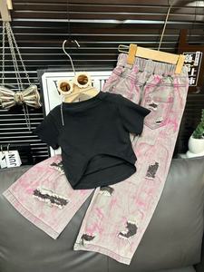 2025 nuovo arrivo Set di vestiti per bambini maglietta estiva ricamata con farfalla a maniche corte alla moda Jeans strappati 2 pezzi <span class=keywords><strong>abbigliamento</strong></span> per ragazze - Product Image 4