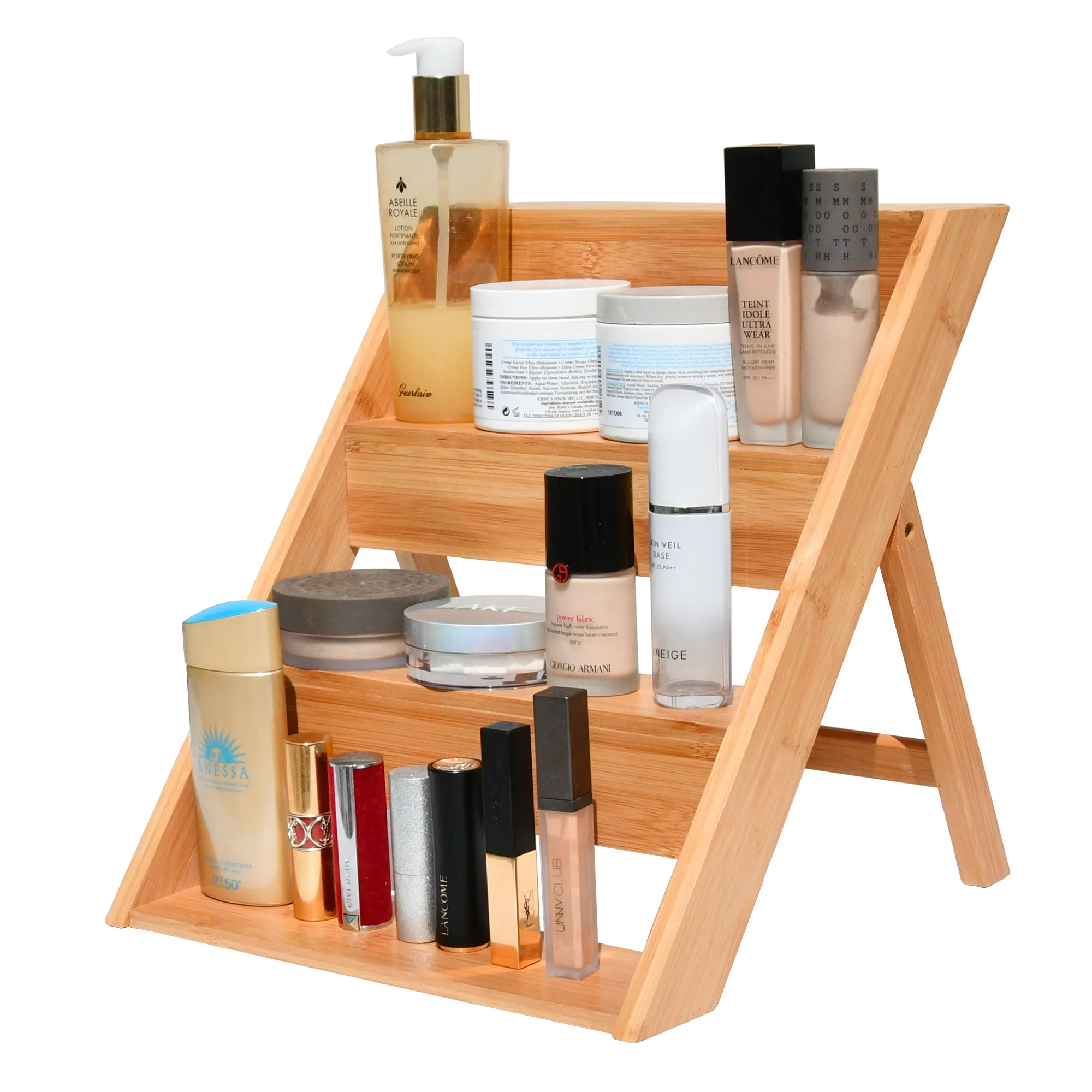 Organizador de maquillaje de bambú de lujo, encimera y contenedor de almacenamiento, de madera, 4 niveles