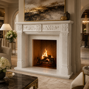 Traditional Marble <b>Fireplace</b> Mantel With Ornate Carving White Stone Indoor Wood Burning Hearth For Dining Room - Product Image 6