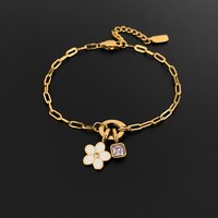 Bracelet chaîne trombone en acier inoxydable plaqué or 14 carats pour femme avec pendentif fleur en zircon violet, bijoux Emanco