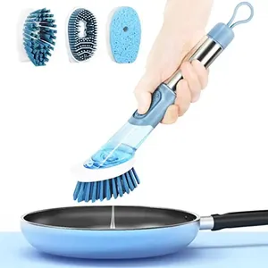 Long Handle 3 in 1 Kitchen Pot Cleaning Tools With Removable Sponge Dispenser Dishwashing Brush Set