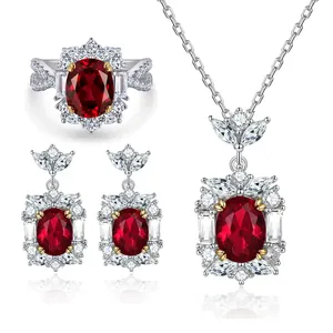 Luxury Silver Jewelry Women Rhodium Plated Initial Ruby Gemstone Non Fading Ring Necklaces Earrings 925 Silver Jewelry Sets