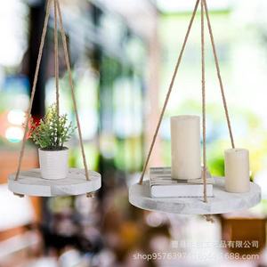 Hanging Plant Stand Round Wooden Rope <b>Floating</b> Frame Single Layer Solid Wood Distressed <b>Wall</b> Mounted Display <b>Shelf</b> - Product Image 1