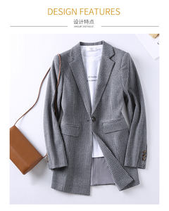 Veste Chic <span class=keywords><strong>Femme</strong></span> Anti-rides Bleu Perle Printemps Motif Carreaux Tissé Spandex/Polyester - Product Image 2