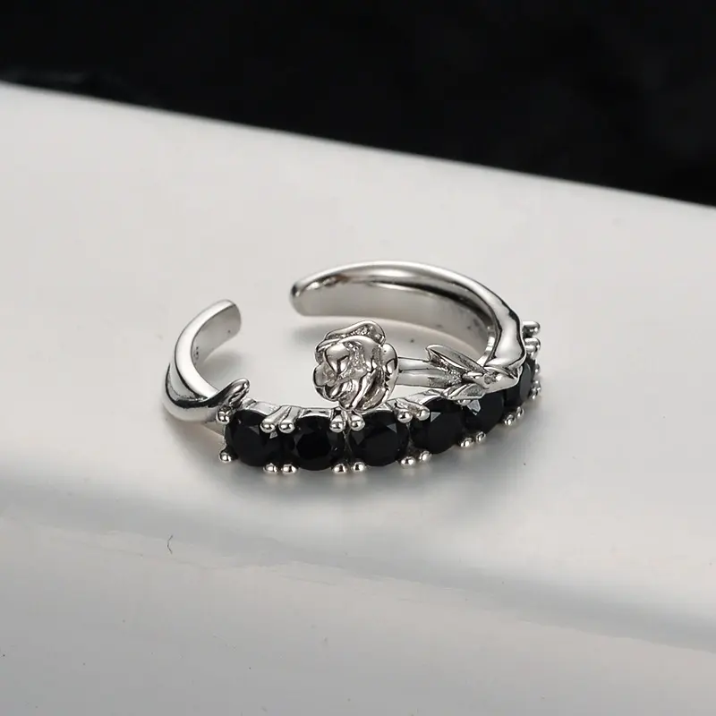 ICEBELA Retro S925 Sterling Silver Flexible Adjustable Ring Black 5a Zircon Inlaid Shape Rose Women Ring Unique