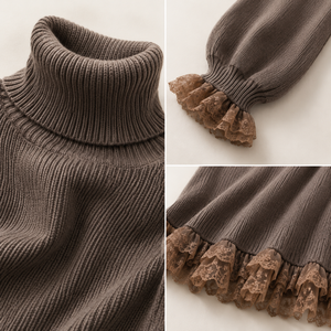 Abito <span class=keywords><strong>in</strong></span> <span class=keywords><strong>maglia</strong></span> a <span class=keywords><strong>maglia</strong></span> larga da donna, con collo alto, maniche lunghe a lanterna, orlo arricciato <span class=keywords><strong>in</strong></span> pizzo, <span class=keywords><strong>vestito</strong></span> mini <span class=keywords><strong>oversize</strong></span> - Product Image 5