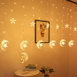 LED 로맨틱 문 스타 크리스마스 디 왈리 라마단 몰 정원 파티오 장식 커튼 문자열 요정 빛