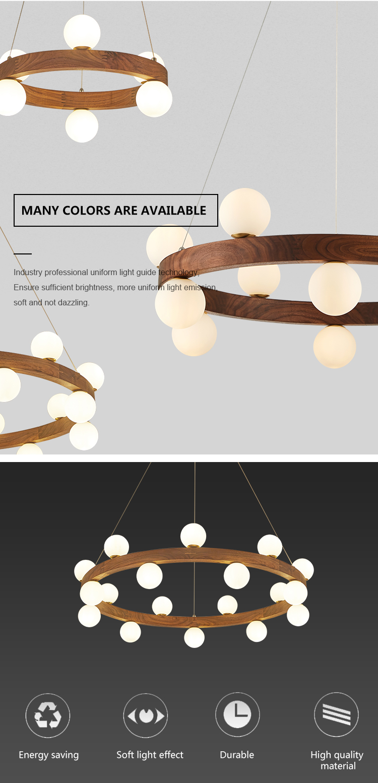 New Design Style Decoration Bedroom Interior Walnut Wooden Glass Round G9 Chandelier Light