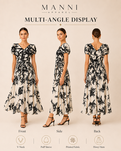 Fabricante de Vestidos Personalizados, Ropa a Medida, Vestidos Midi de Mujer <span class=keywords><strong>con</strong></span> Mangas Abullonadas, Estampado Floral <span class=keywords><strong>Beige</strong></span> y Negro, Cintura Alta - Product Image 2