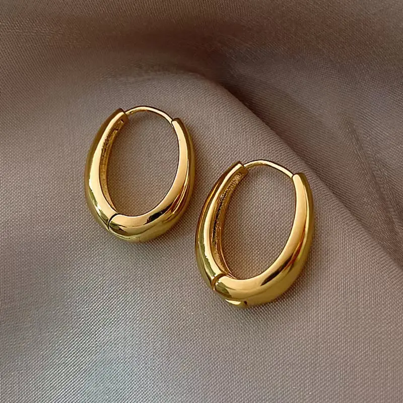 Women Gold Thick Oval Hoop Brass Earrings Shaped Huggie Hoops Minimalist Earrings Square Tube U 14k gold Stud Earrings