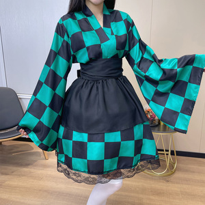 Vestido tipo kimono para cosplay, disfraz de Anime de manga larga a cuadros verde y negro para mujer, traje de fiesta para juego de rol - Product Image 1