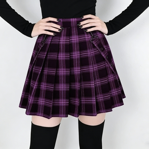 Jupes pour femmes, <span class=keywords><strong>jupe</strong></span> courte plissée à taille haute, à carreaux noirs <span class=keywords><strong>et</strong></span> violets, détail boutonné, style gothique preppy - Product Image 1