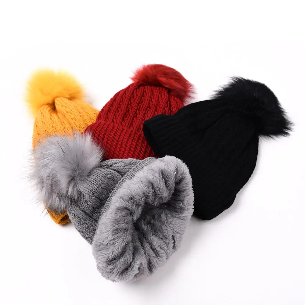 Stripe Chunky Slouchy Winter Ski Cycling Outdoor Red Plush Thicken Pom Pom Adult Skullies Beanies Knit Knitted Hat For Women