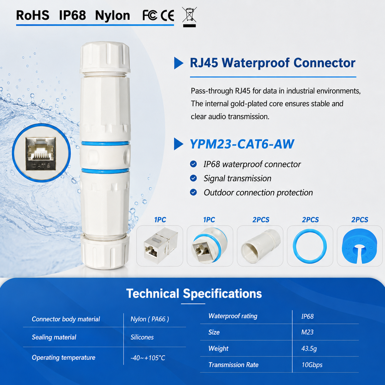 IP68 Waterproof M23 RJ45 Connector Cat6 STP Shielded Ethernet Coupler