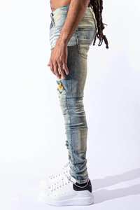 Yüksek kalite toptan tasarımcılar özel <span class=keywords><strong>Vintage</strong></span> mavi sıkı tahrip yırtık sıska Patchwork Denim kot erkekler - Product Image 4