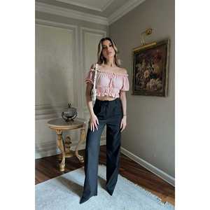 Pantalon palazzo tissé noir pour femme avec taille élastique, respirant, style évasé, longueur genou, délavé coloré, décontracté pour le bureau - Product Image 2