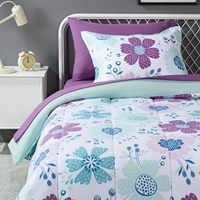 Ensemble de literie pour enfant Basics 3 pièces en microfibre douce et facile à laver, drap, couette, taille twin, motif floral bleu, réversible, respirant
