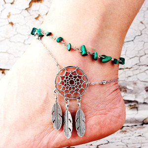 Attrape-rêves en alliage avec plume et turquoise naturelle irrégulière, motif paon, décoration tendance pour pieds, style Wish Hot - Product Image 1