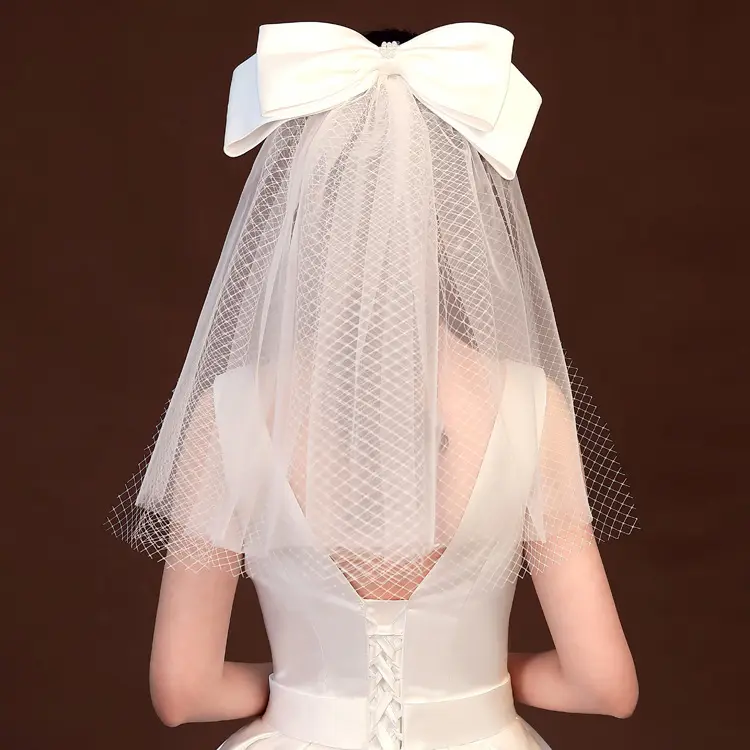 Women Short Wedding Veils White Ivory Bow Lace Bridal Veils Wedding Accessories In Stock Wedding Accessories for Bride