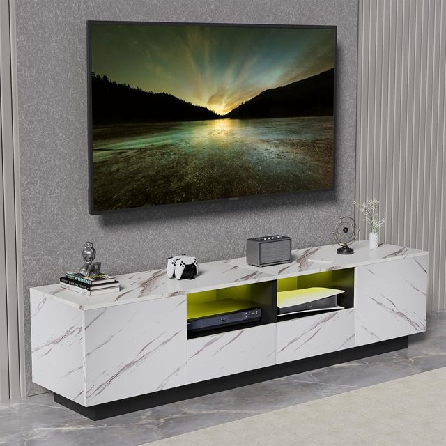 71" Modern TV Stand-White Wooden High Gloss LED Entertainment Center with Storage Open Shelves Drawers and Floor Mount