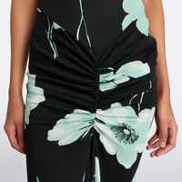Robe longue moulante sirène élégante pour femme, à imprimé floral vert menthe, col montant, manches courtes, taille froncée, fente latérale, base noire, pour soirée