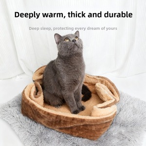 Cama para Mascotas 2 en 1 Lavable de Felpa, Cueva Redonda a Rayas para Gatos, Tapete Cálido para Reptiles y Cachorros, Compra al por Mayor - Product Image 4