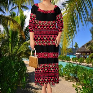 Vêtements insulaires personnalisés Robe d'été tropicale à manches courtes Polynésienne <span class=keywords><strong>hawaïenne</strong></span> Tribale élégante Robe longue extensible pour <span class=keywords><strong>femme</strong></span> - Product Image 4