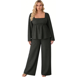 Women's Plus Size Peplum Top & Wide Leg Pants <b>Set</b> <b>Square</b> Neck Long Sleeve 2 Piece Loungewear Fashion - Product Image 1