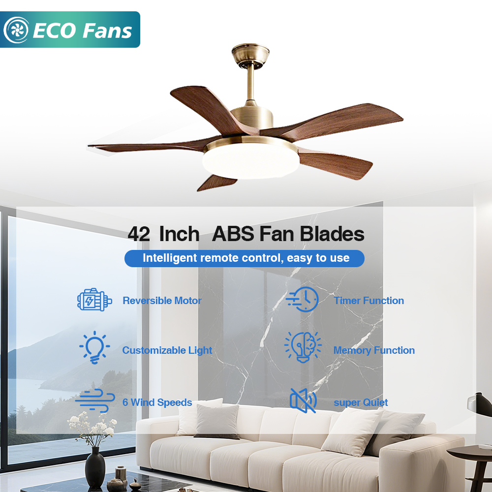 42 Inch Modern Best-Selling ABS Ceiling Fan Lamp with Walnut Straight Blades and Smart Remote Control