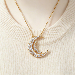 Collar al por mayor Hengdian, cadena de eslabones chapada en oro de 18 quilates para mujer, con colgante de circonita AAA de doble luna creciente. - Product Image 3