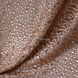 FB012 Factory New Design Tight <strong>Rhinestone</strong> <strong>Fabric</strong> Shiny Peach <strong>Crystal</strong> Tulle <strong>Fabric</strong> - Product Image 1