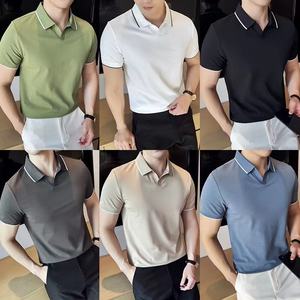 Polos Casuales de Manga Corta para Hombre al por Mayor 100% Algodón Antiarrugas Decoración de Botones Tejido de Seda con Patrón Estampado - Product Image 5