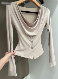 Leduo Women's Ice Silk Modal <b>Long</b> <b>Sleeve</b> <b>Top</b> Draped <b>Cowl</b> <b>Neck</b> Slim Button Down Casual Blouse - Product Image 3