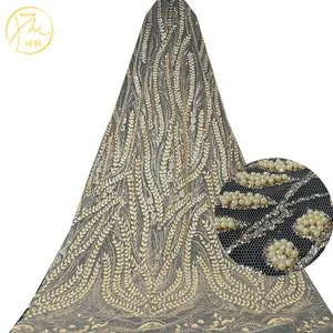 Sequenza di pizzo con perline per abito di lusso da sposa in tessuto di tulle e paillettes