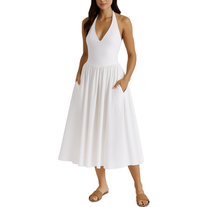 Vestido Blanco Largo Midi Personalizado de Alta Calidad para Mujer, Estilo Casual de Verano, Dulce y Sexy con Cuello Halter y Escote en V Profundo Plisado - Product Image 6