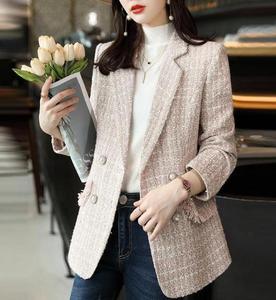 S-4XL 여성 패션 트위드 더블 브레스티드 블레이저 코트 빈티지 롱 슬리브 플랩 포켓 여성 아우터 시크 베스트 팜므 - Product Image 3