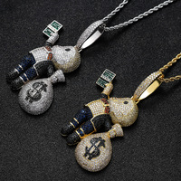 Collier pendentif personnalisé sur le thème de l'argent hip-hop, avec breloque garçon de dessin animé en CZ coloré