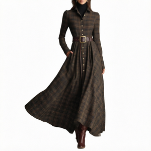 Robe abaya vintage à carreaux pour femmes Robe musulmane modeste à manches longues et col haut avec ceinture pour la - Product Image 1