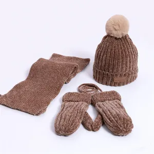 雪尼尔3件帽子手套围巾套装儿童冬季帽子和围巾和手套套装批发