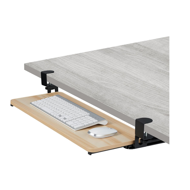 Modern Foldable Extendable Under Desk Clamp Mount Stable Sliding Keyboard Tray with Storage for Mouse and Keyboard